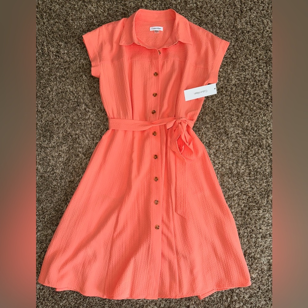 Calvin Klein Coral Button-Front Shirt Dress with Belt – Size 8 NWT